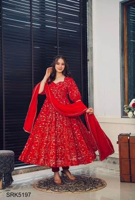 Heavy Faux Georgette With Embroidery Work Gown And Dupatta Set in Red