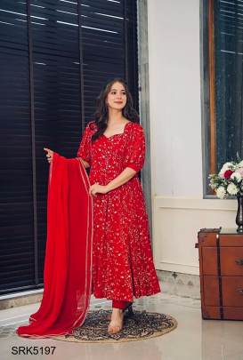 Heavy Faux Georgette With Embroidery Work Gown And Dupatta Set in Red