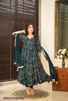 Heavy Faux Georgette With Embroidery Work Gown And Dupatta Set in Bottle Green