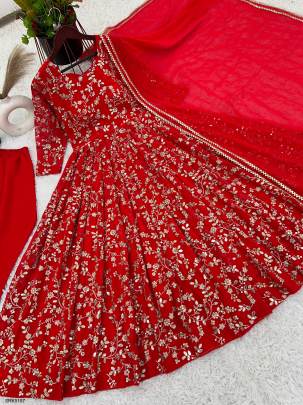 Heavy Faux Georgette With Embroidery Work Gown And Dupatta Set in Red