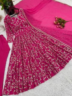 Heavy Faux Georgette With Embroidery Work Gown And Dupatta Set in Rani