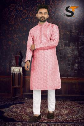 Heavy Jacquard With Inner and Beautiful Pintex Tie Kurta Pyjama in Light Pink