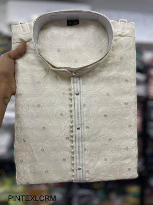 Heavy Jacquard With Inner and Beautiful Pintex Tie Kurta Pyjama in Cream