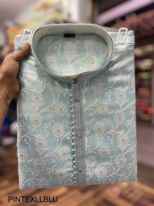 Heavy Jacquard With Inner and Beautiful Pintex Tie Kurta Pyjama in Light Blue