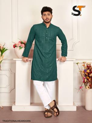 Heavy Rayon Chikan Work Kurta For Men in Dark Green