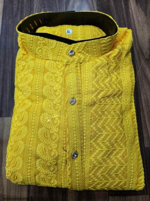 Heavy Rayon Chikan Work Kurta For Men in Yellow