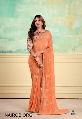 Heavy Weightless With Embroidery Border   Digital Blouse Saree in Orange