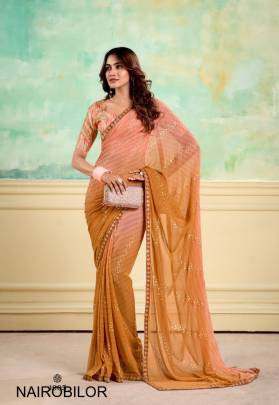 Heavy Weightless With Embroidery Border   Digital Blouse Saree in Light Orange