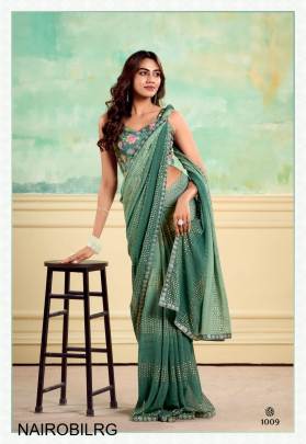 Heavy Weightless With Embroidery Border Digital Blouse Saree in Light Rama Green