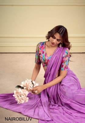 Heavy Weightless With Embroidery Border Digital Blouse Saree in Lavender