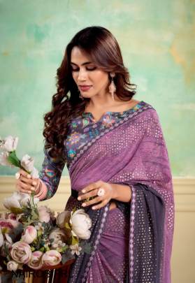 Heavy Weightless With Embroidery Border Digital Blouse Saree in Purple