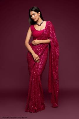 Hot Pink Georgette Multiple Sequence Embroidery The Starlite Sarees Vol 1 By Zeel Clothing