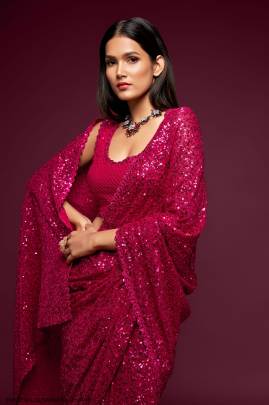 Hot Pink Georgette Multiple Sequence Embroidery The Starlite Sarees Vol 1 By Zeel Clothing