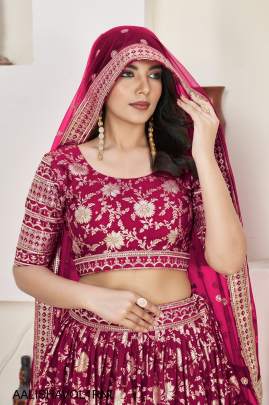 Jacquard Sequins Zari Embroidered Lehenga & Blouse and a Lovely Dupatta in Rani