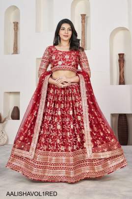 Jacquard Sequins Zari Embroidered Lehenga & Blouse and a Lovely Dupatta in Red