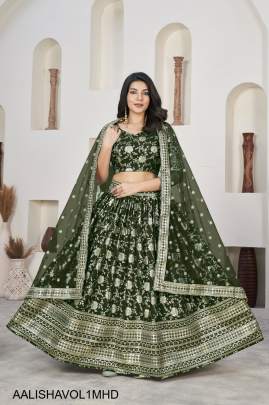 Jacquard Sequins Zari Embroidered Lehenga & Blouse and a Lovely Dupatta in Mehendi