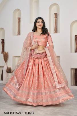 Jacquard Sequins Zari Embroidered Lehenga & Blouse and a Lovely Dupatta in Light Orange