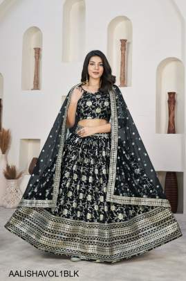 Jacquard Sequins Zari Embroidered Lehenga & Blouse and a Lovely Dupatta in Black