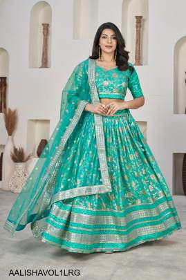 Jacquard Sequins Zari Embroidered Lehenga & Blouse and a Lovely Dupatta in Light Rama Green