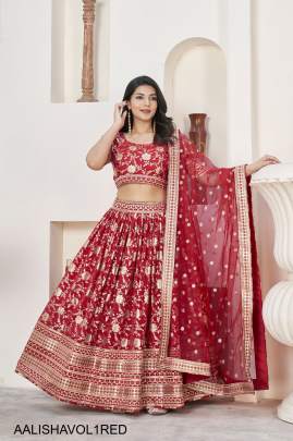 Jacquard Sequins Zari Embroidered Lehenga & Blouse and a Lovely Dupatta in Red