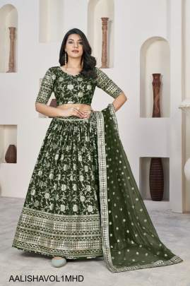 Jacquard Sequins Zari Embroidered Lehenga & Blouse and a Lovely Dupatta in Mehendi