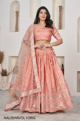 Jacquard Sequins Zari Embroidered Lehenga & Blouse and a Lovely Dupatta in Light Orange