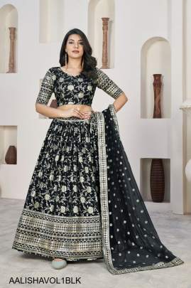 Jacquard Sequins Zari Embroidered Lehenga & Blouse and a Lovely Dupatta in Black