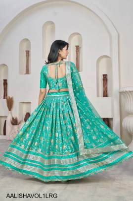 Jacquard Sequins Zari Embroidered Lehenga & Blouse and a Lovely Dupatta in Light Rama Green