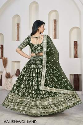 Jacquard Sequins Zari Embroidered Lehenga & Blouse and a Lovely Dupatta in Mehendi