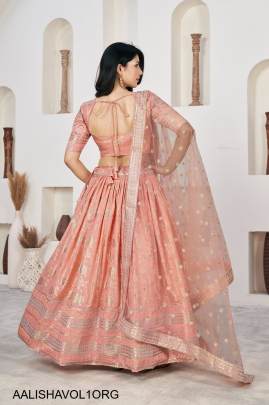 Jacquard Sequins Zari Embroidered Lehenga & Blouse and a Lovely Dupatta in Light Orange