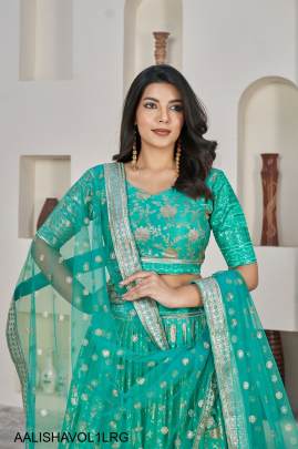 Jacquard Sequins Zari Embroidered Lehenga & Blouse and a Lovely Dupatta in Light Rama Green