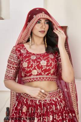 Jacquard Sequins Zari Embroidered Lehenga & Blouse and a Lovely Dupatta in Red