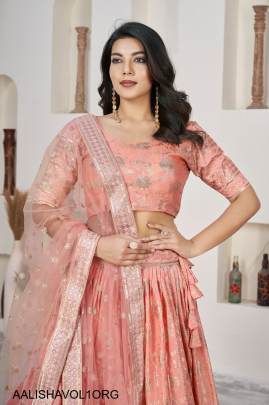 Jacquard Sequins Zari Embroidered Lehenga & Blouse and a Lovely Dupatta in Light Orange