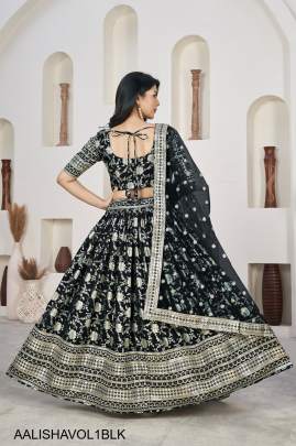 Jacquard Sequins Zari Embroidered Lehenga & Blouse and a Lovely Dupatta in Black