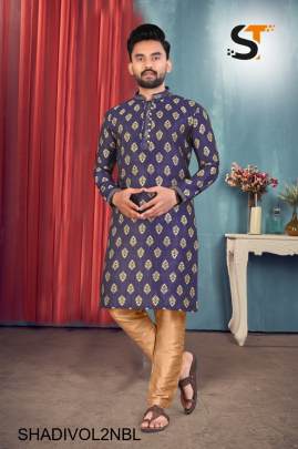 Jacquard with  Beautiful Collar and Tie Kurta For Men in Navy Blue 