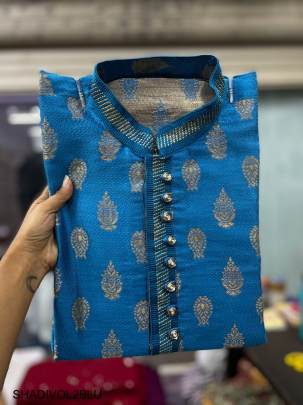 Jacquard with  Beautiful Collar and Tie Kurta For Men in Blue