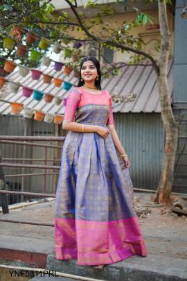 Kanjivaram and Zari Weaving Work Appliqued Gown in Purple