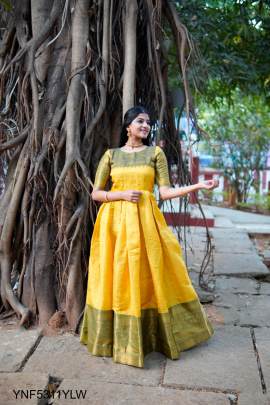 Kanjivaram and Zari Weaving Work Appliqued Gown in Yellow