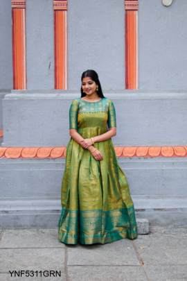 Kanjivaram and Zari Weaving Work Appliqued Gown in Green