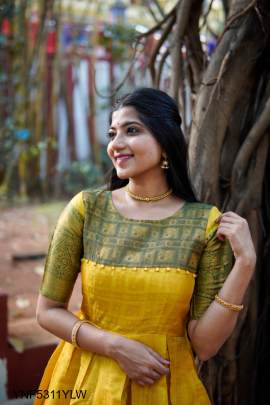 Kanjivaram and Zari Weaving Work Appliqued Gown in Yellow