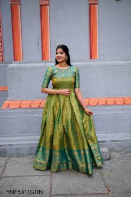 Kanjivaram and Zari Weaving Work Appliqued Gown in Green