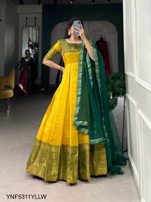 Kanjivaram Gown Adorned with a Graceful Net Dupatta in Yellow