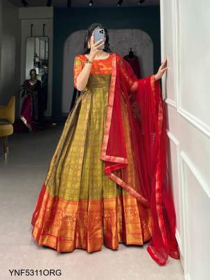 Kanjivaram Gown Adorned with a Graceful Net Dupatta in Orange