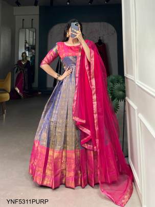 Kanjivaram Gown Adorned with a Graceful Net Dupatta in Purple