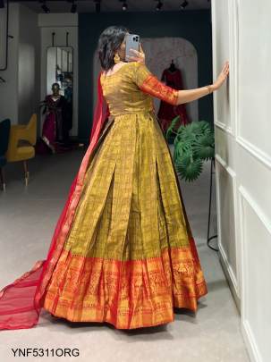 Kanjivaram Gown Adorned with a Graceful Net Dupatta in Orange