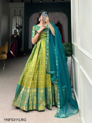 Kanjivaram Gown Adorned with a Graceful Net Dupatta in Light Rama Green