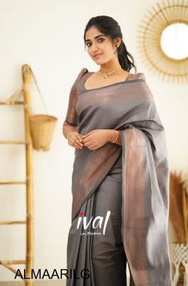 LIGHT GREY COLOUR PURE SOFT SILK SAREE WITH HEAVY BROCADE BLOUSE PIECE