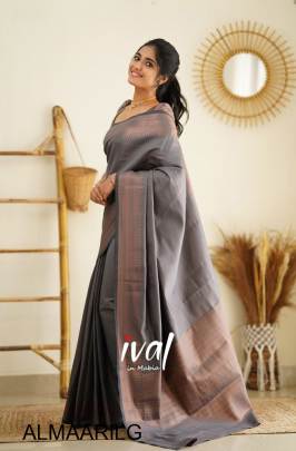 LIGHT GREY COLOUR PURE SOFT SILK SAREE WITH HEAVY BROCADE BLOUSE PIECE