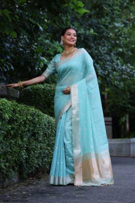 Maheshwari Tissue Silk Weaving Saree in Light Rama Green