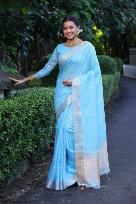 Maheshwari Tissue Silk Weaving Saree in Light Blue